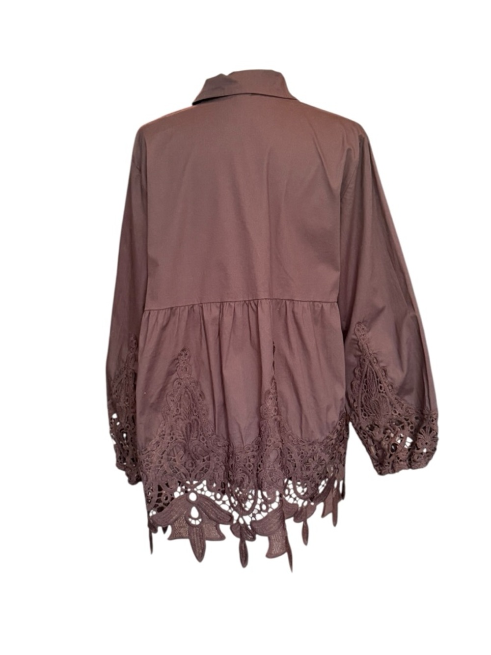 Cato Brown Eyelet Hem Poplin Button-Front Peplum Lace Top NWOT Size Large - Picture 4 of 8